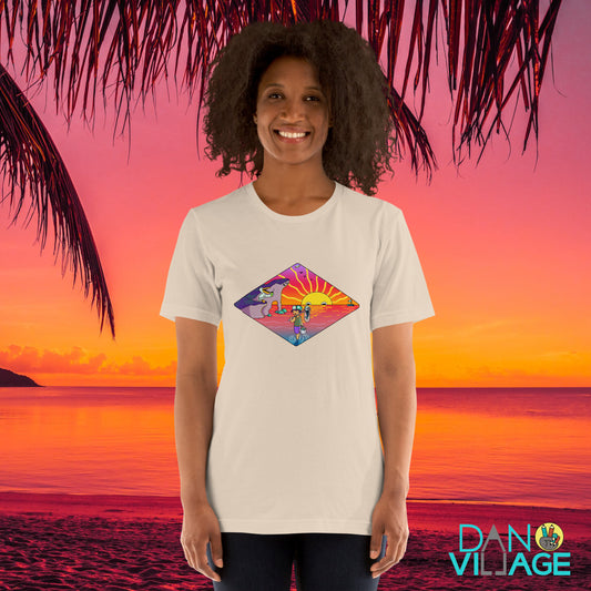 Illustrated island sunset and fishing graphic tee for warm, unhurried mornings