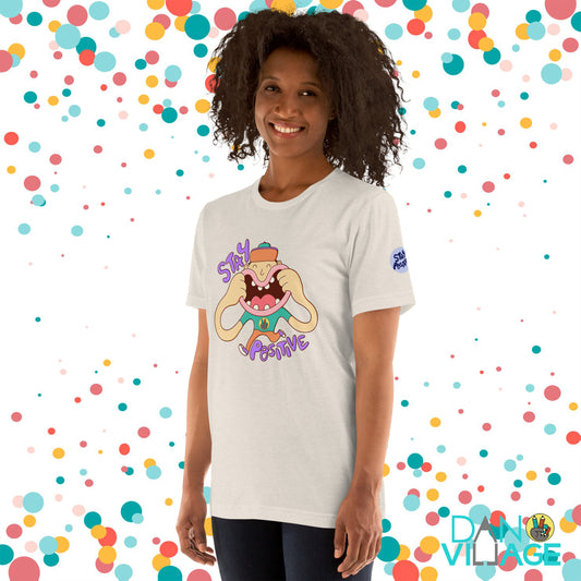 Illustrated smiley face tee with a Stay Positive message for everyday good vibes