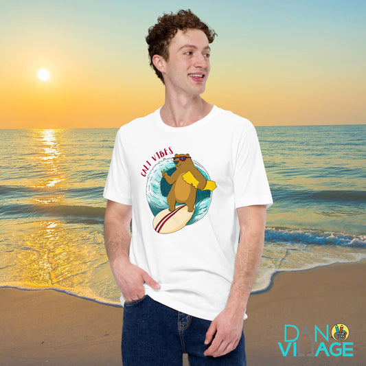 Illustrated surfing bear graphic tee for Cali vibes, surfers and long beach days