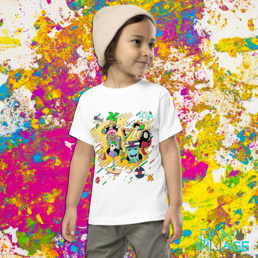 Illustrated hip hop toddler tee featuring turntables and a skeleton crew