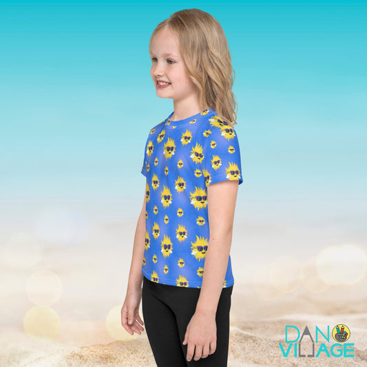 Illustrated happy sun pattern kids tee for summer, beach days and camp