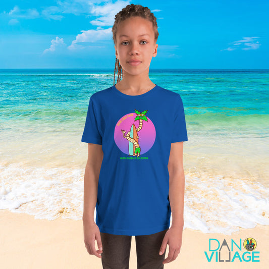 Illustrated California kids t-shirt with palm trees and a surfer character