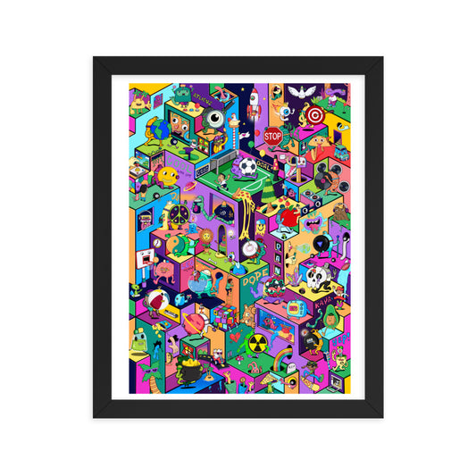 Colourful isometric wall art print full of original cartoon characters and hidden details