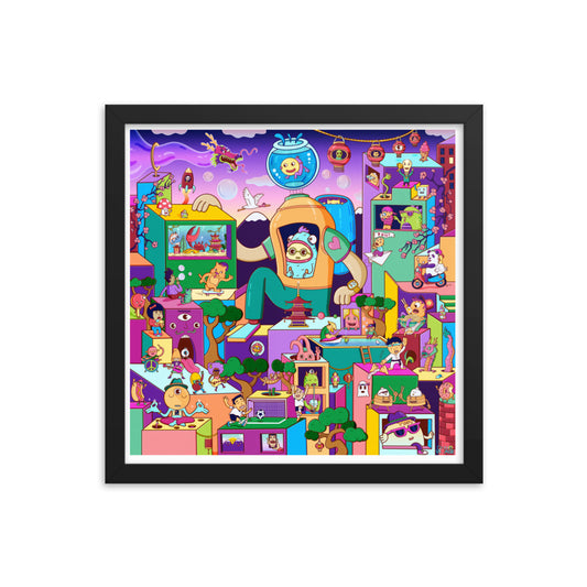 Colourful isometric wall art print of a bubble city for kids rooms and playrooms