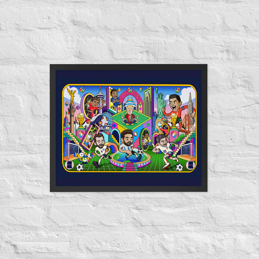 Framed soccer wall art by Santa Barbara illustrator Daniel Sulzberg, ready to hang