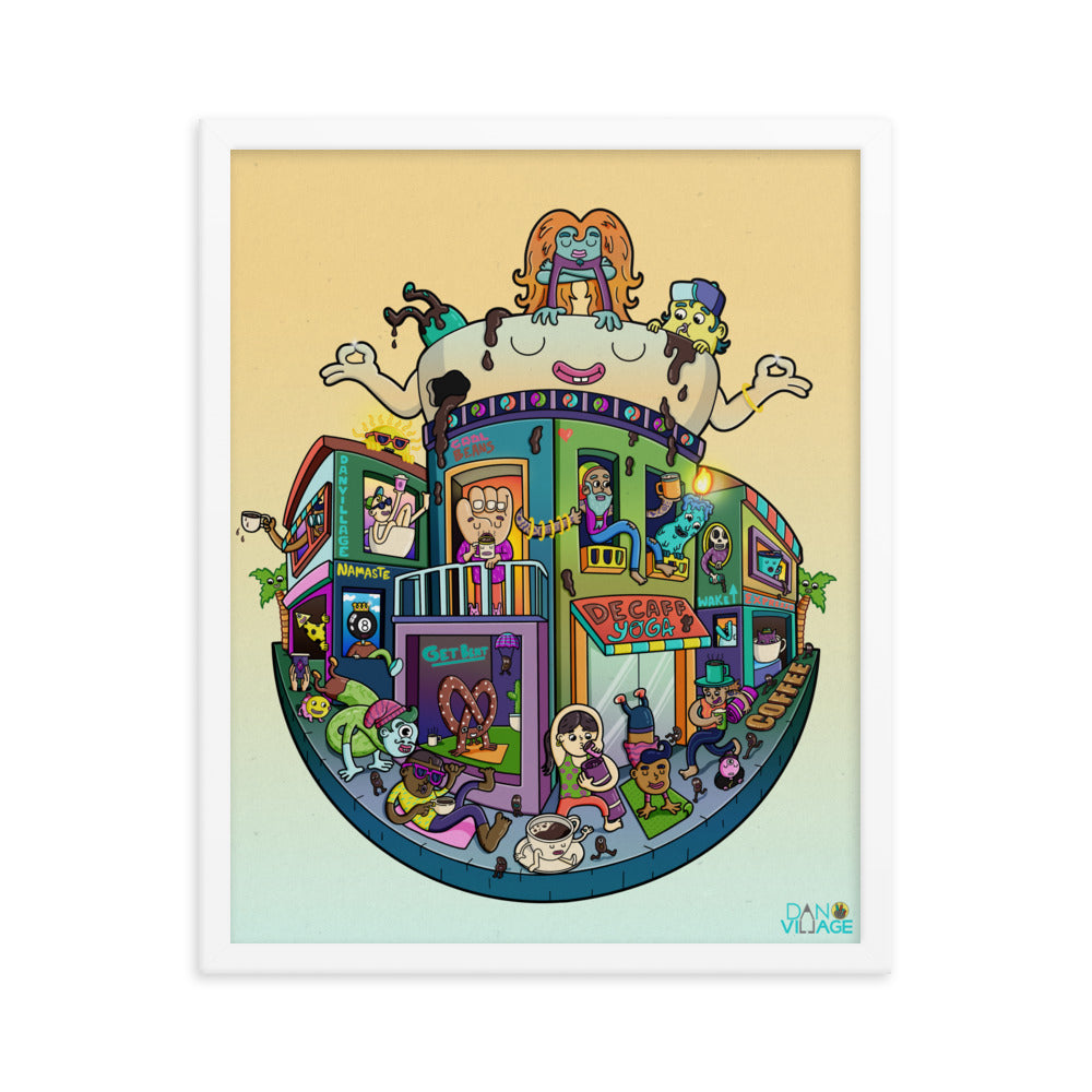 Framed illustrated print of a calm coffee and yoga world for slow, quiet mornings