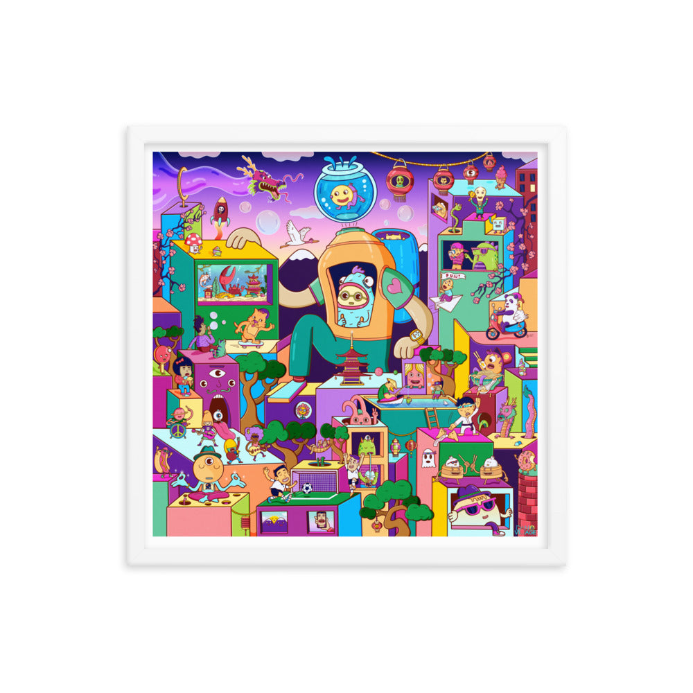 Surreal happy city art print for playrooms, studios and imaginative kids