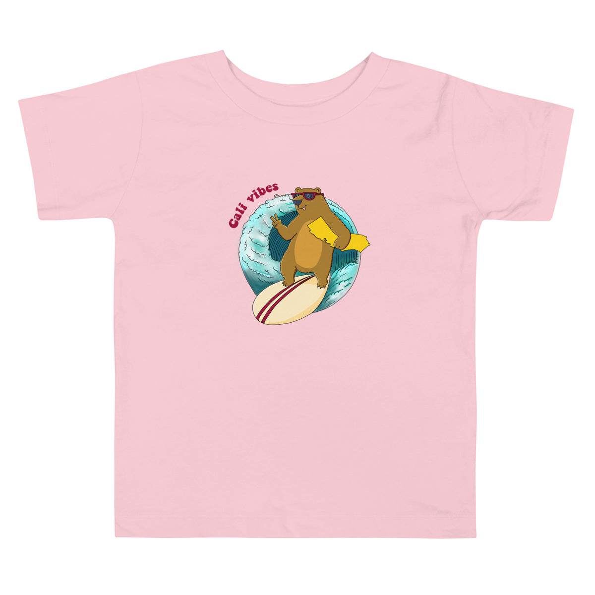 Original illustrated bear on a surfboard, a beachy graphic t-shirt for toddlers