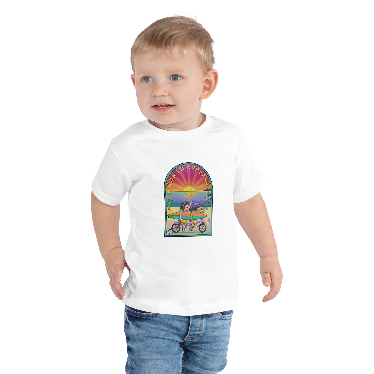 Santa Barbara beach life toddler t-shirt with illustrated surf, bikes and golden sunsets