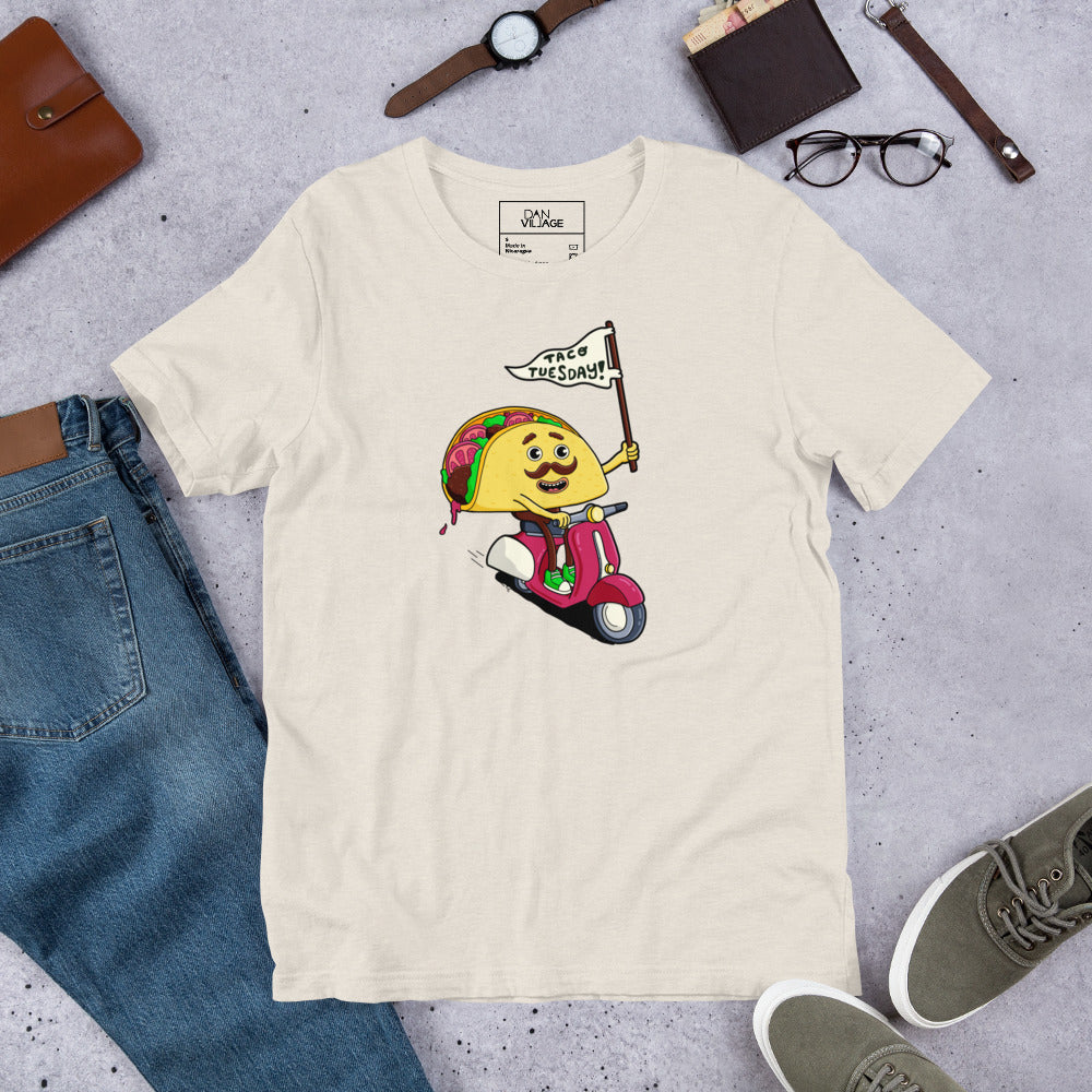 Hand-drawn Taco Tuesday artwork on a unisex tee by illustrator Daniel Sulzberg
