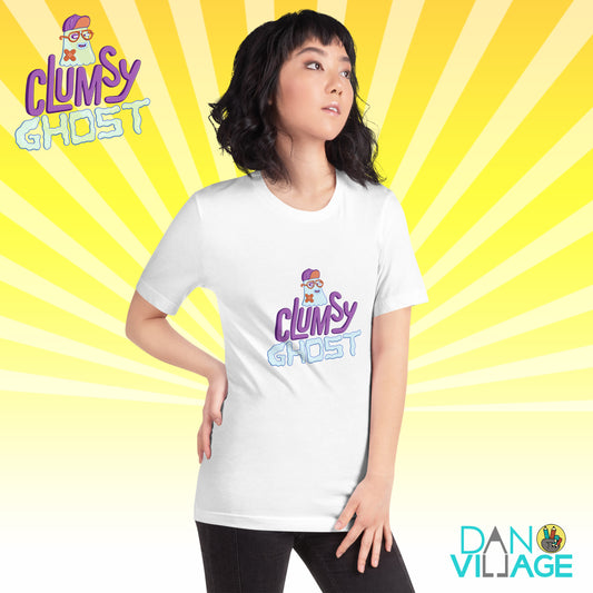 Illustrated ghost tee featuring the friendly Clumsy Ghost character from Danvillage Art Lab