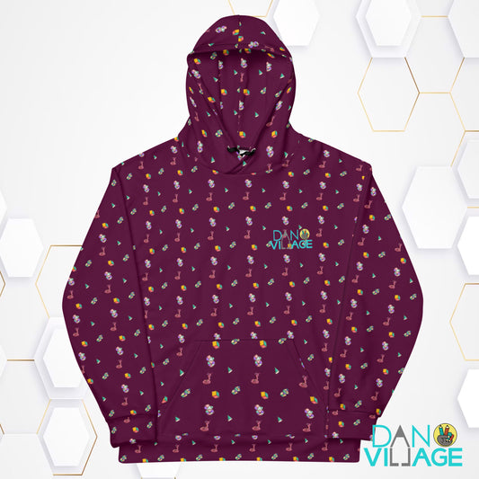 Maroon Moon hoodie with an all-over snakes and crystals pattern by Daniel Sulzberg