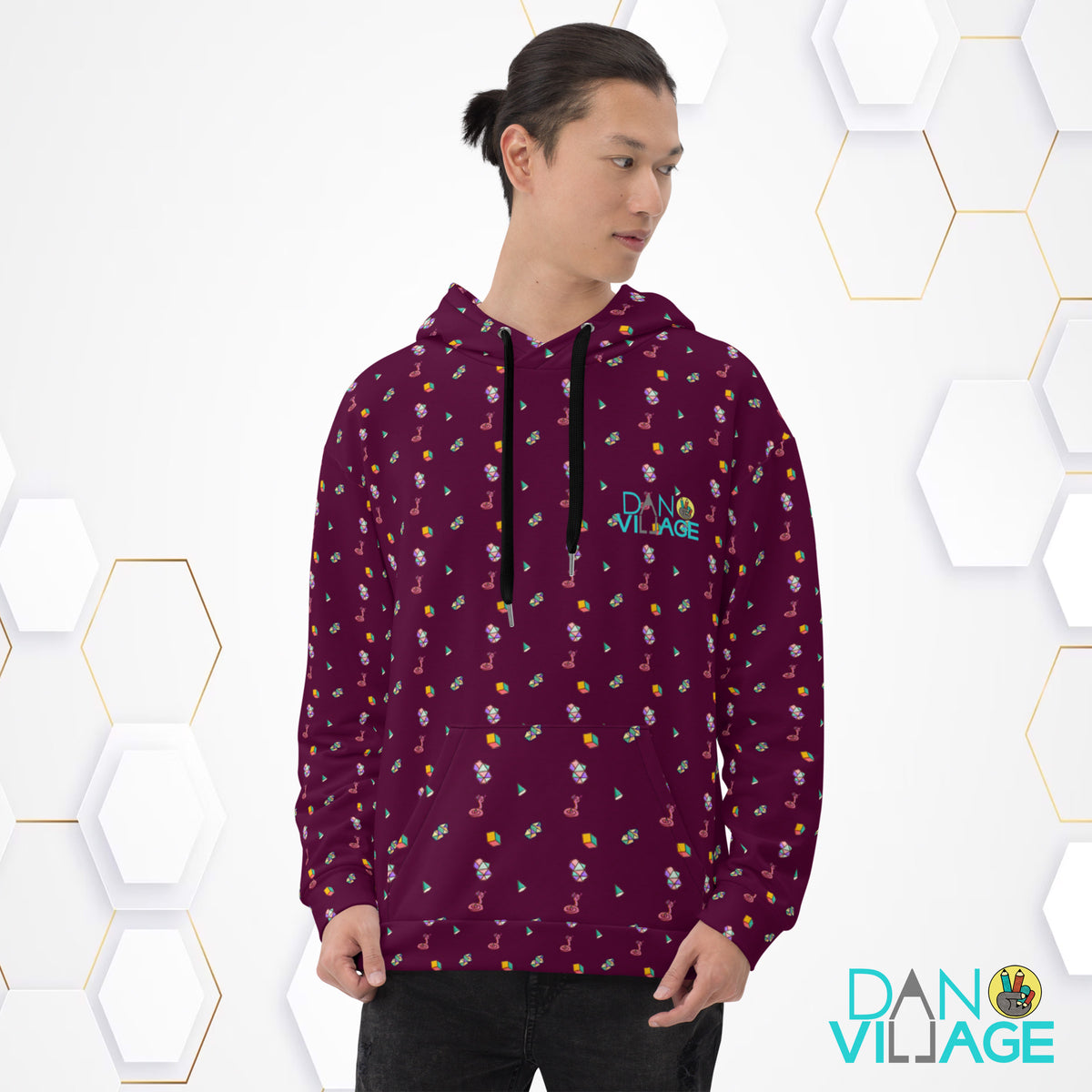 Illustrated snakes, crystals and 3D cubes graphic hoodie for everyday wear