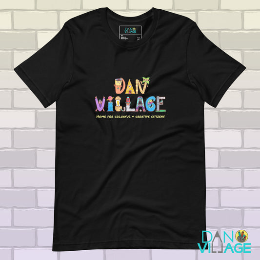 Danvillage character logo t-shirt, colorful wearable art by illustrator Daniel Sulzberg