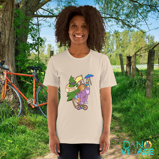 Funny illustrated cycling tee featuring a sasquatch riding a bicycle in no hurry