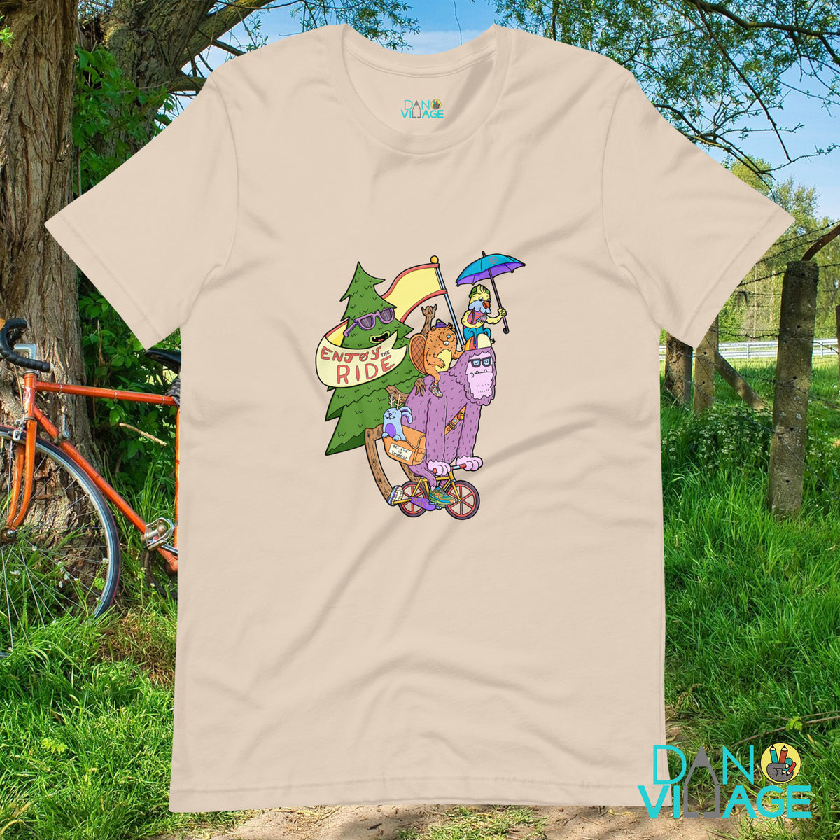 Enjoy the Ride sasquatch on a bike t-shirt, an original design by Daniel Sulzberg