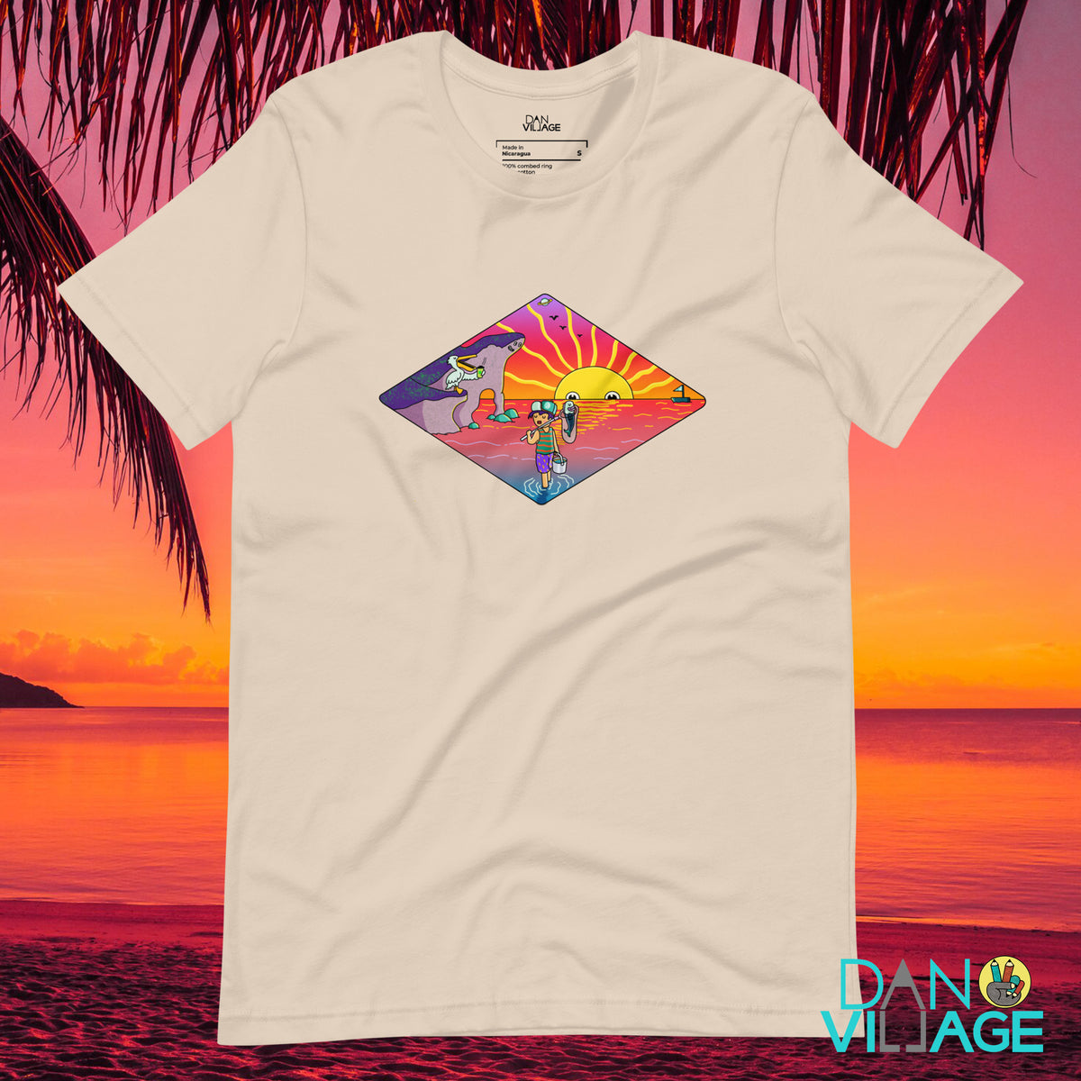 Morning Ritual island sunset t-shirt, a hand-drawn fishing scene by Daniel Sulzberg