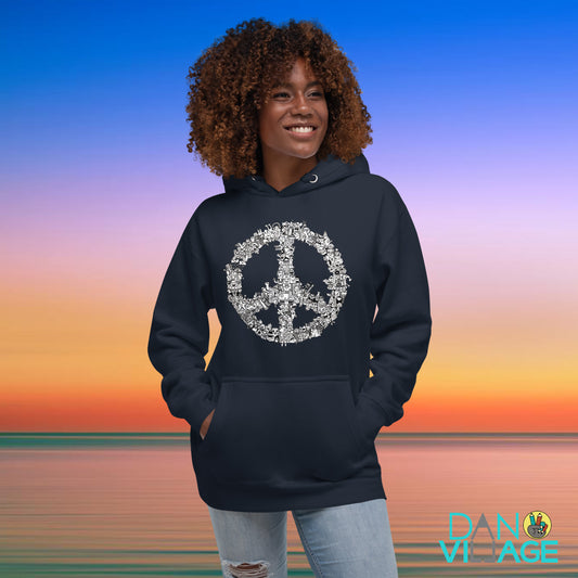 Illustrated peace sign graphic hoodie for adults in a loose doodle style