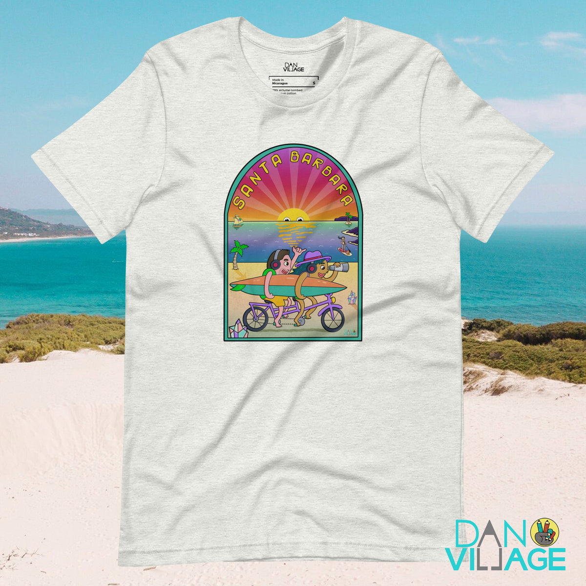 Santa Barbara Life t-shirt with illustrated sunsets, surf and bikes by Daniel Sulzberg