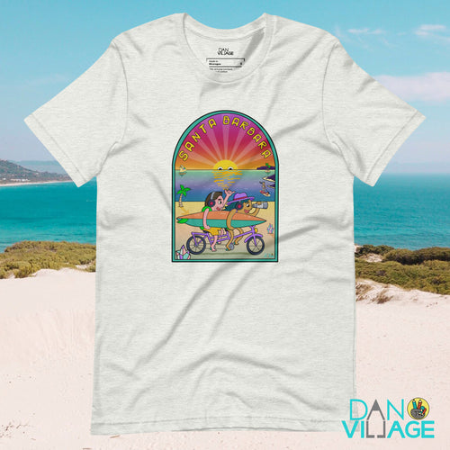 Santa Barbara Life California Sunset bikes Surfing ocean and beach happy bright Unisex t-shirt