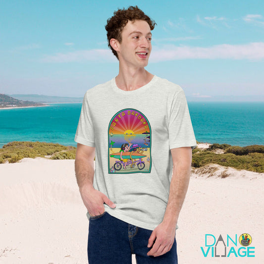 Illustrated California beach graphic tee with ocean, surfboards and golden hour