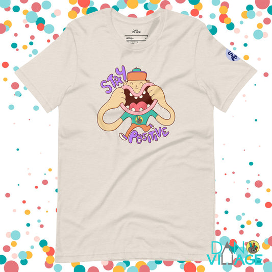 Stay Positive smiley face t-shirt, an original good vibes design by Daniel Sulzberg
