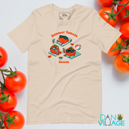 Summer Tomato Season t-shirt with illustrated heirloom tomatoes by Daniel Sulzberg