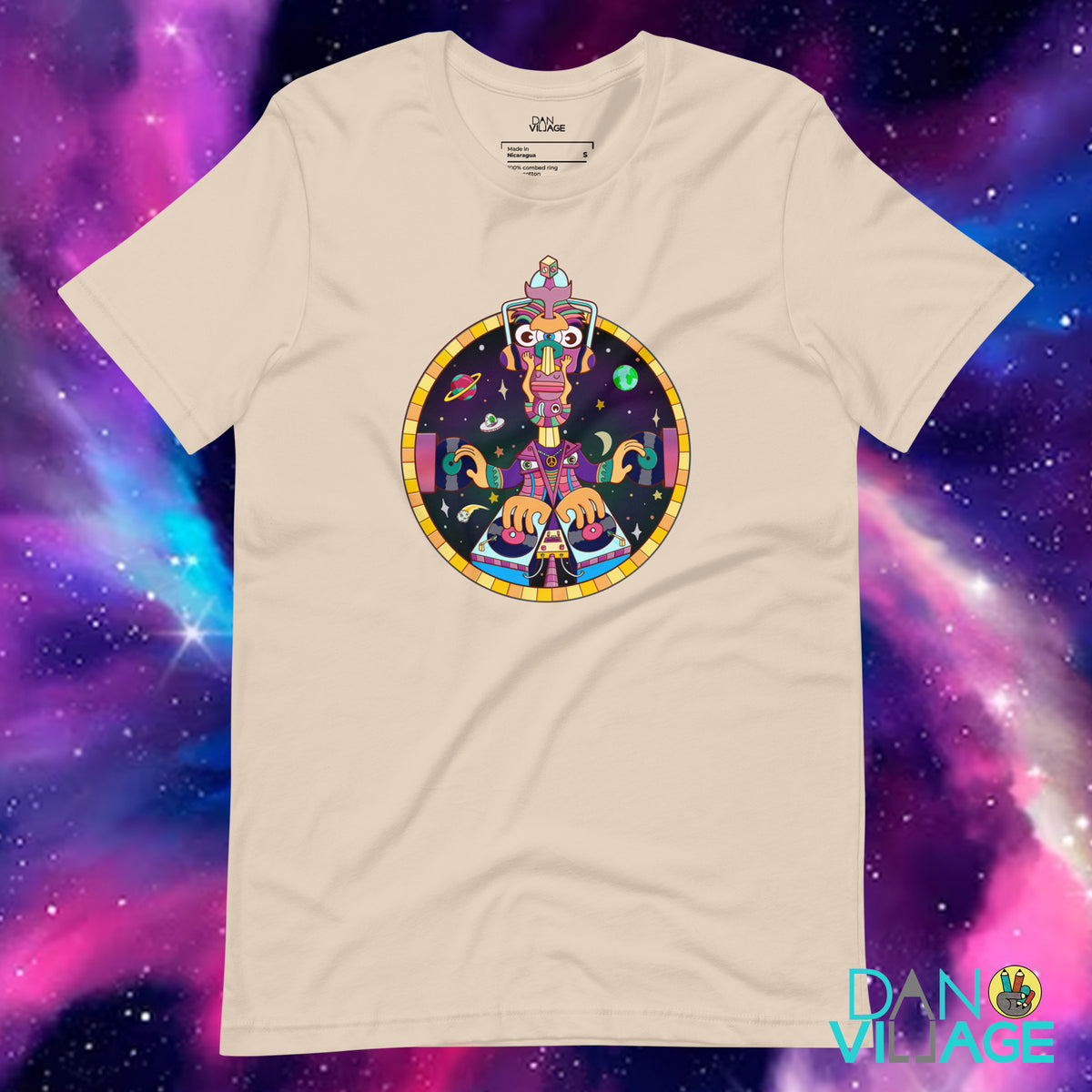 Surreal space DJ t-shirt with vinyl records, an original design by Daniel Sulzberg