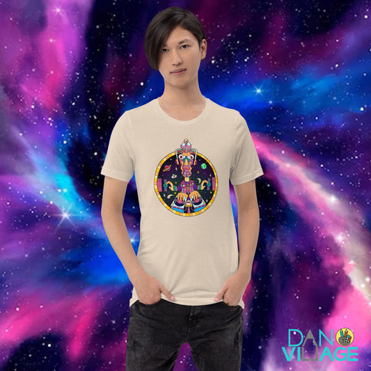 Illustrated cosmic DJ tee packed with turntables and records for music lovers