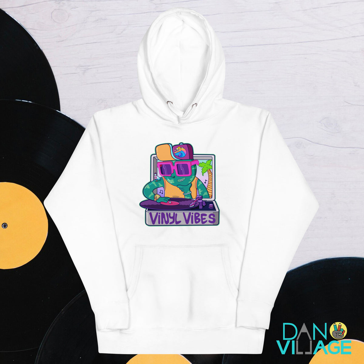 Vinyl Vibes illustrated pullover hoodie, an original bold turntable design