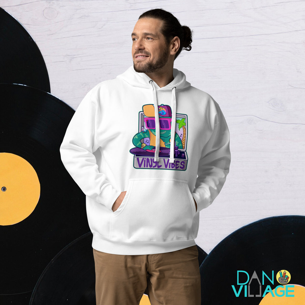 Hoodie featuring a hand-drawn record player illustration by Danvillage Art Lab