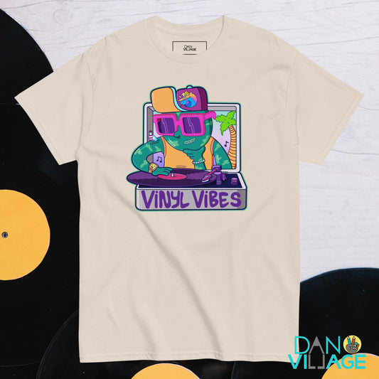 Hand-drawn record player illustration, printed on an illustrated graphic t-shirt