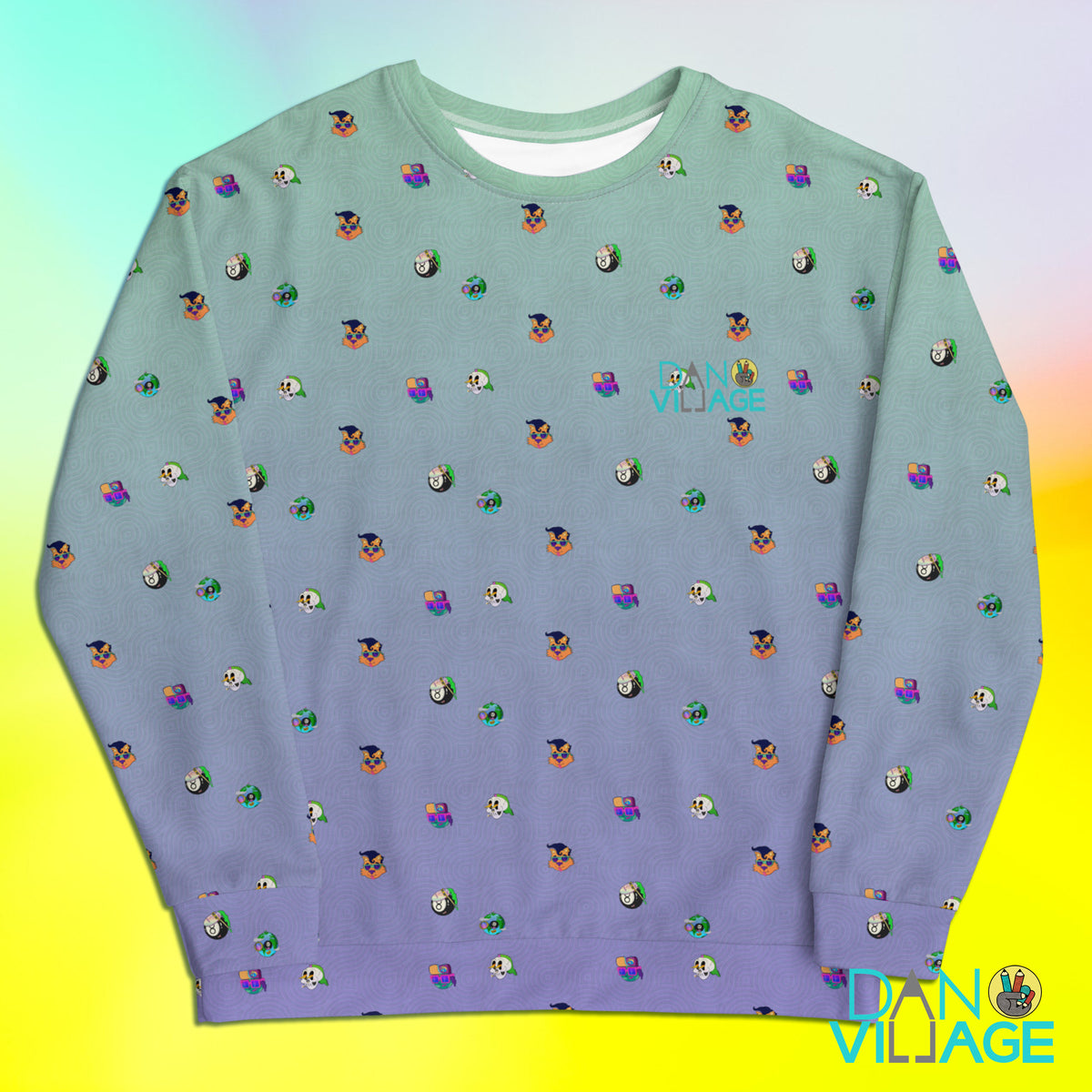 Heads Up sweatshirt with an all-over cartoon heads pattern by Daniel Sulzberg