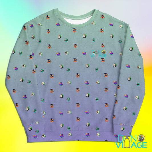 Heads Up sweatshirt with an all-over cartoon heads pattern by Daniel Sulzberg
