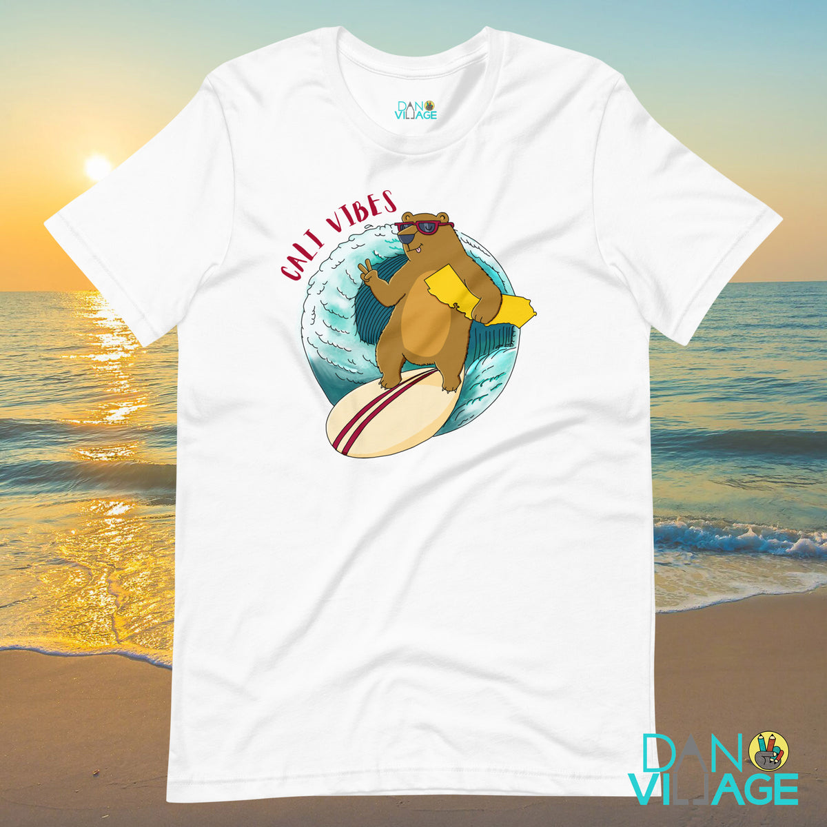 California surfing bear t-shirt, an original shaka-throwing design by Daniel Sulzberg