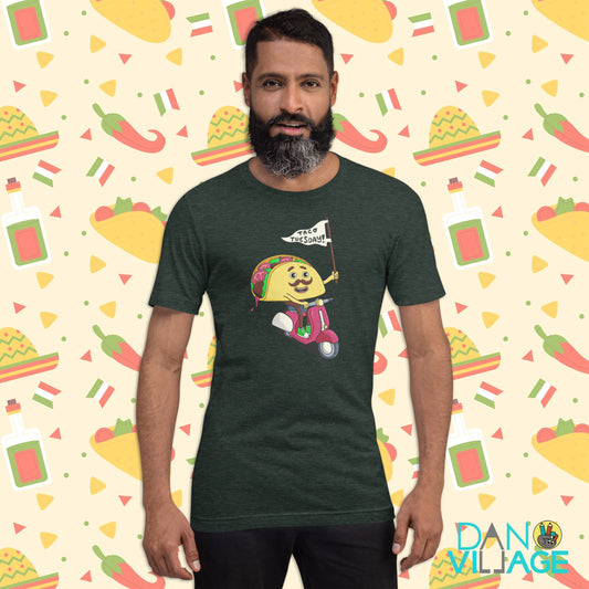 T-shirt featuring an illustrated taco design by Santa Barbara illustrator Daniel Sulzberg