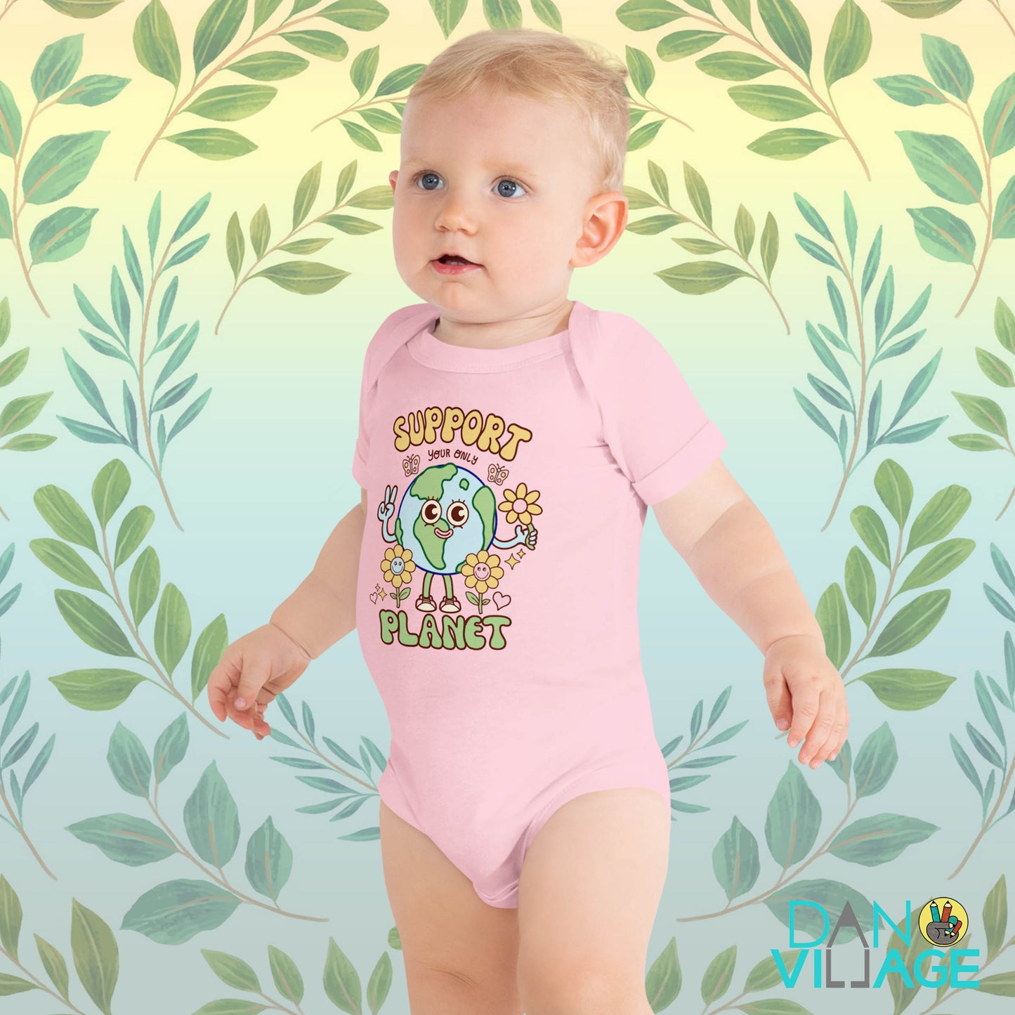 Illustrated Earth Day baby bodysuit featuring a happy smiling planet design