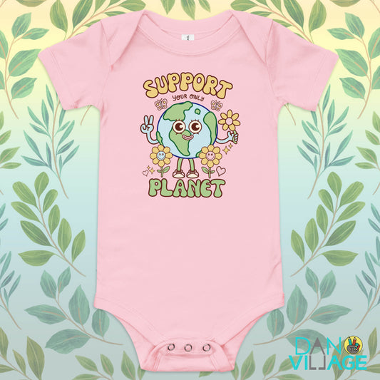 Support Your Only Planet baby one piece with a cheerful illustrated Earth by Daniel Sulzberg