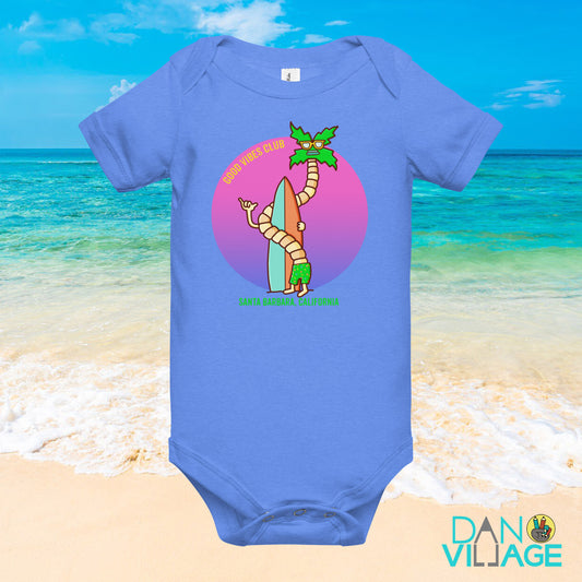 Good Vibes Club Santa Barbara baby one piece with illustrated palms and surf
