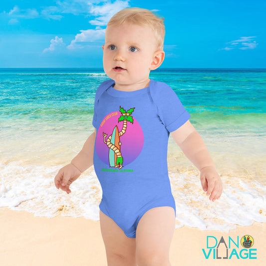 Illustrated California baby bodysuit with palm trees and a surfer character