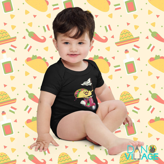 Funny illustrated taco baby bodysuit for families with a standing taco night