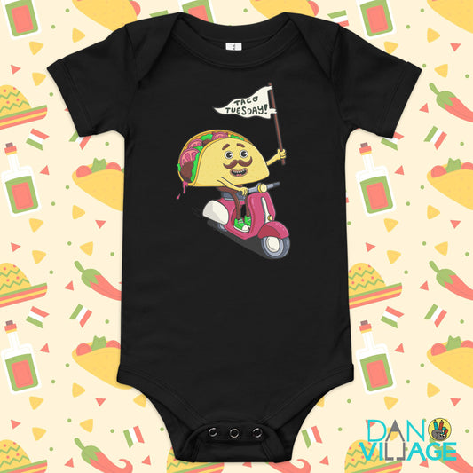 Taco Tuesday baby one piece with a hand-drawn taco illustration by Daniel Sulzberg