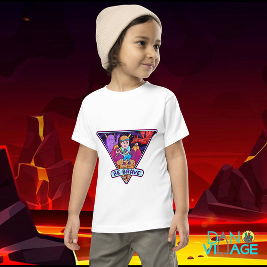 Illustrated monster toddler tee with an encouraging Be Brave message for little adventurers