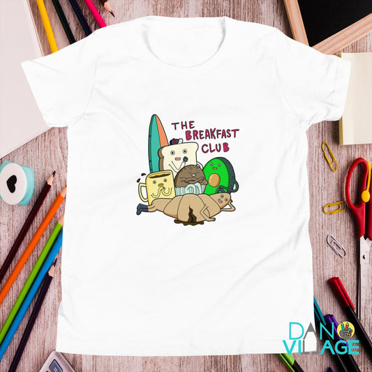 Breakfast Club illustrated t-shirt with avocado toast, croissant and morning food characters