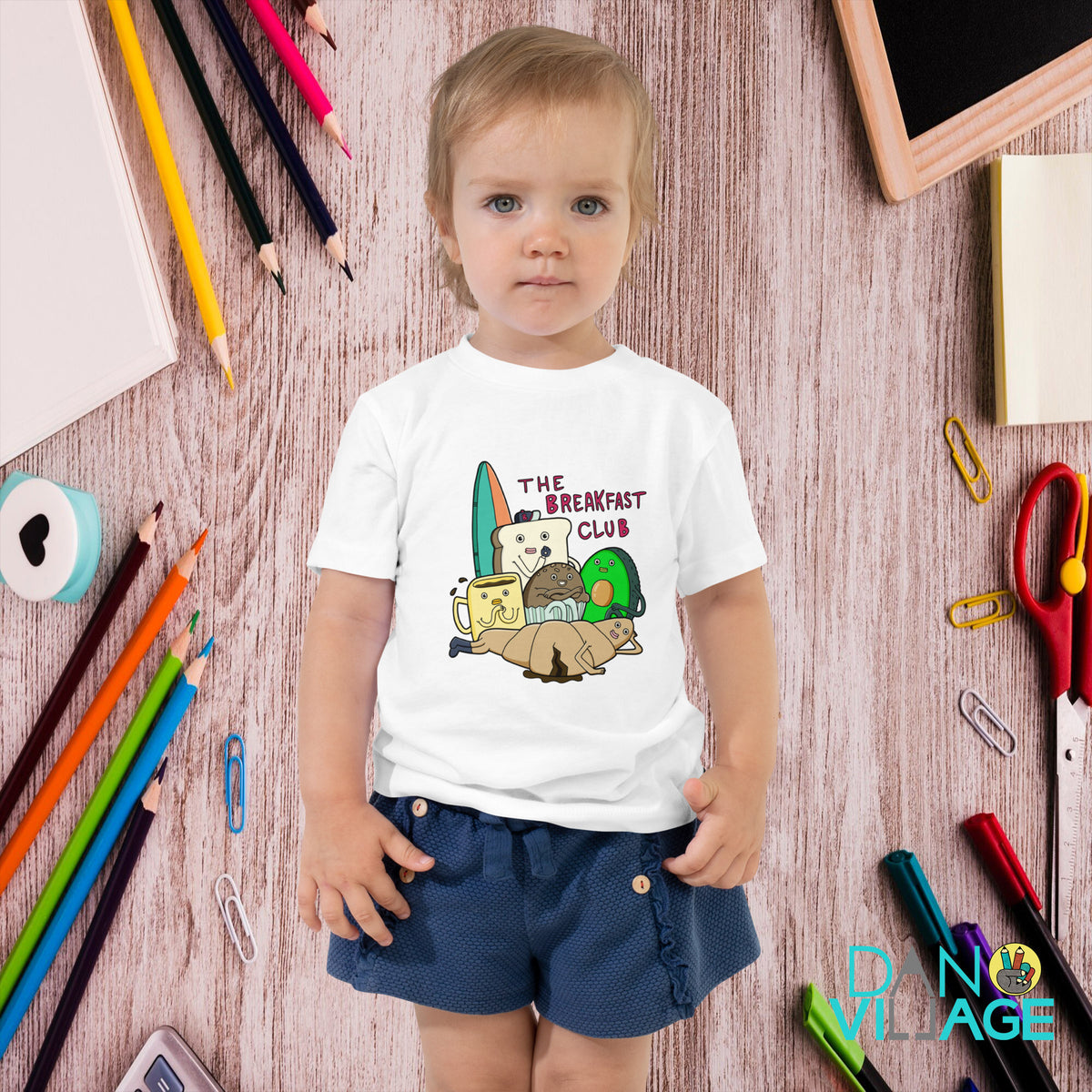 Funny breakfast foods kids tee with hand-drawn morning characters by Daniel Sulzberg