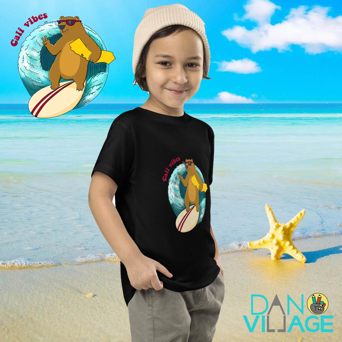Retro California kids t-shirt with original bear artwork from Danvillage Art Lab