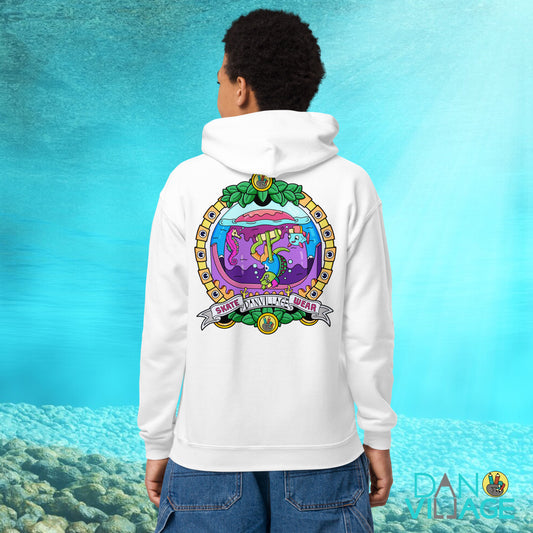 Skateboarding turtle character design, printed on an illustrated skate hoodie