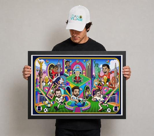 Framed illustrated soccer legends art print packed with football moments