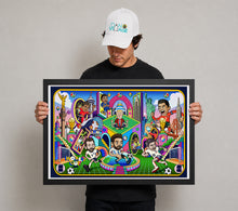 Load image into Gallery viewer, Artist Daniel holding the Framed 2026 World Cup Legends illustrated poster - bold soccer wall art by Danvillage Art Lab