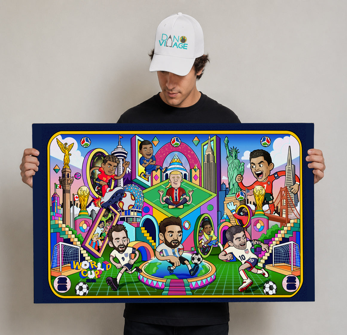 Illustrated soccer legends art poster packed with football moments and landmarks